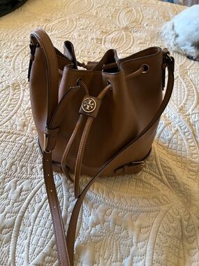 Tory Burch Tan Leather Drawstring Bucket Shoulder Bag